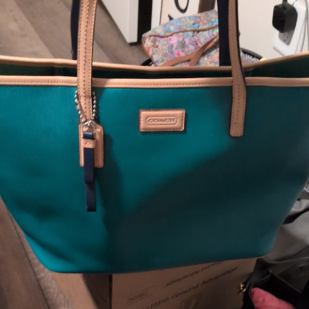 Coach Teal and Tan Full Leather  Tote Bag